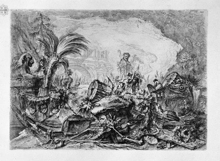 Caprice decorative figures in the center around a small Eramo faun, a triumphal arch at the bottom of the light etching, in the very back of a faun, a palm, Egyptian and half lion; bottom disparatissimi objects in bulk — Giovanni Battista Piranesi