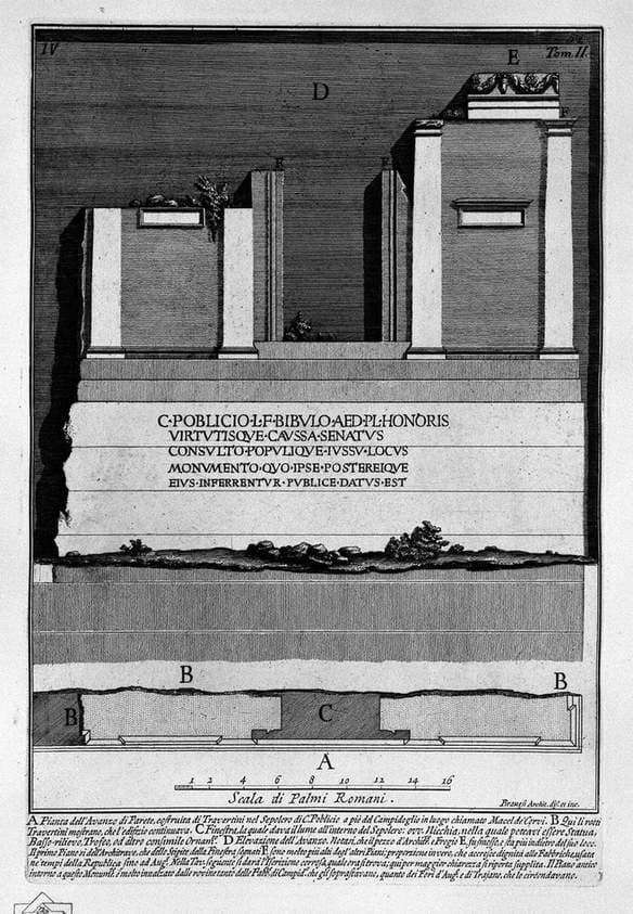 The Roman antiquities, t. 2, Plate IV. Plan and elevation of the `surplus of wall in the tomb of C. Poblicio at the foot of the Capitol in a place called Macel de `Corvi. — Giovanni Battista Piranesi