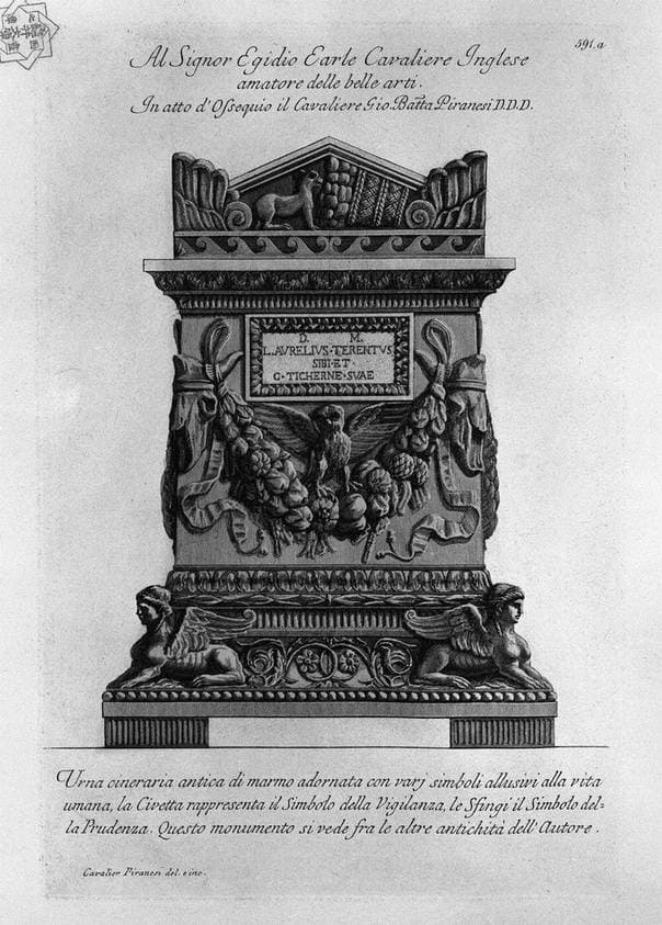 Ancient marble urn adorned with various symbols alluding to human life — Giovanni Battista Piranesi