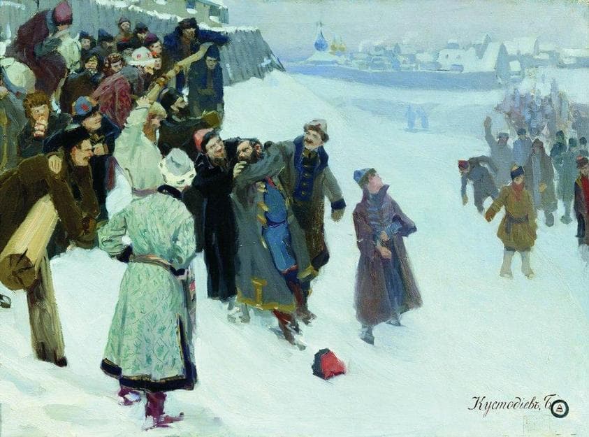 Fist fight on the Moscow River — Boris Kustodiev