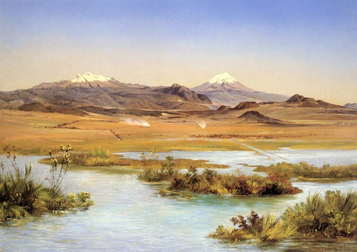El Popocatépetl y el Iztaccíhuatl desde el lago de Chalco — Jose Maria Velasco