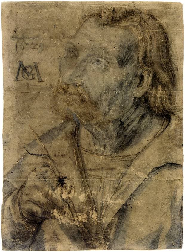 John the Apostle (Half Length Portrait of a Man with a Pinfeather Looking Up) — Matthias Grünewald