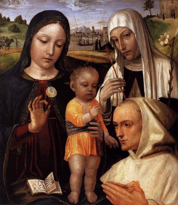 Madonna and Child, St Catherine, and the Blessed Stefano Maconi — Ambrogio Bergognone