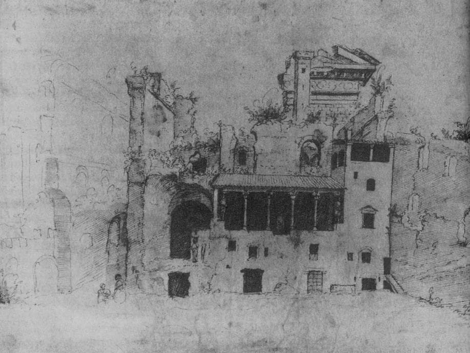 Early Palazzo Colonna with remains of the ancient Temple of Serapis — Maarten van Heemskerck
