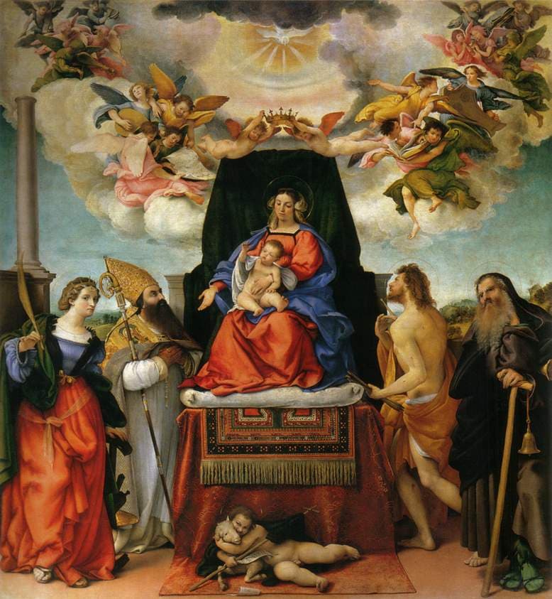 Enthroned Madonna with Angels and Saints, St. Catherine of Alexandria and St. Augustine on the left, St. Sebastian and St. Anthony the Abbot on the right — Lorenzo Lotto