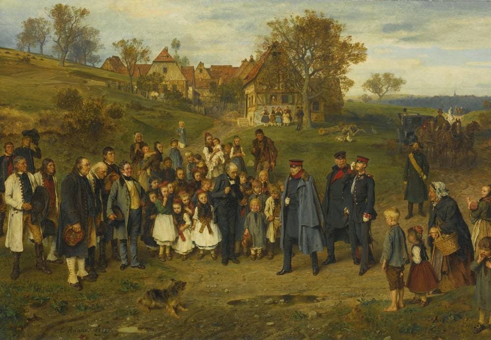 His Highness on a journey spreading peace (Otto Von Bismarck and His Prussian Officers Touring a Village After the Austro-prussian War of 1866) — Ludwig Knaus