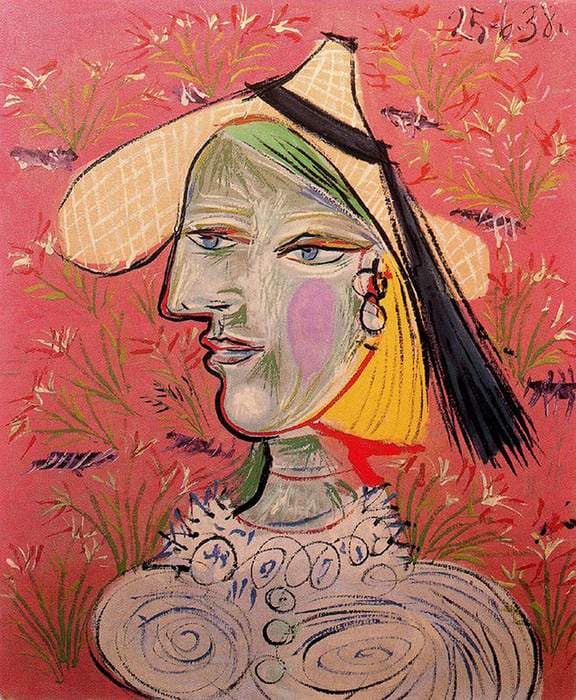 Woman with straw hat on flowery background — Pablo Picasso