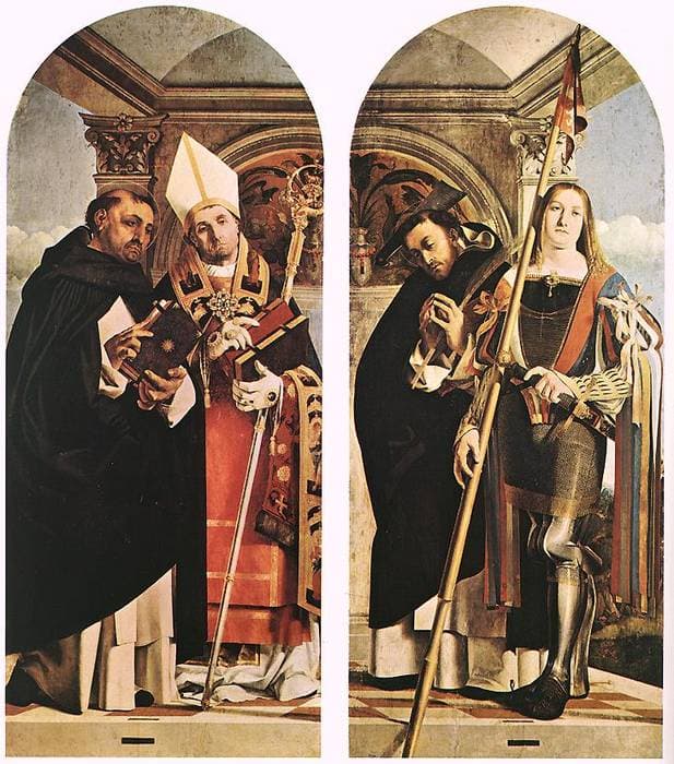 Sts Thomas Aquinas and Flavian, Sts Peter the Martyr and Vitus — Lorenzo Lotto