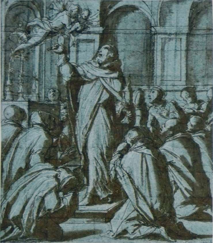 Peter of Verona exorcising a demon personified by a Madonna and Child — Giorgio Vasari