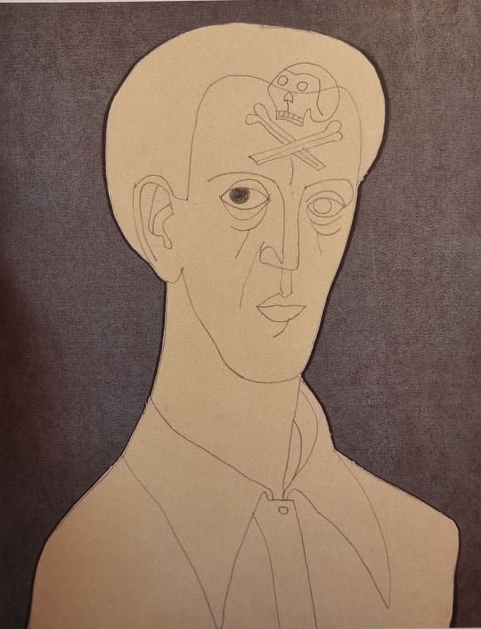Vajda Lajos Önarckép Kopnyával 1936, Ceruza Kollázs, 12x25.5cm — Lajos Vajda