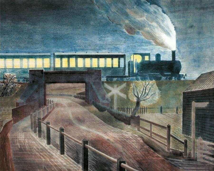Train Going over a Bridge at Night — Eric Ravilious