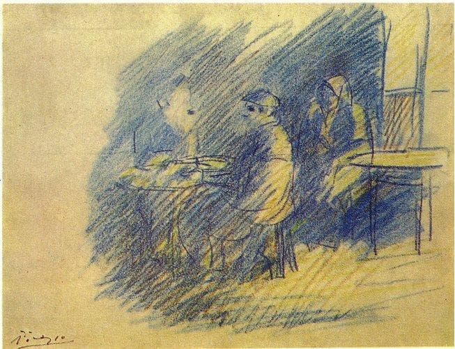 Picasso and S. Junier-Vidal sitting near Celestina — Pablo Picasso