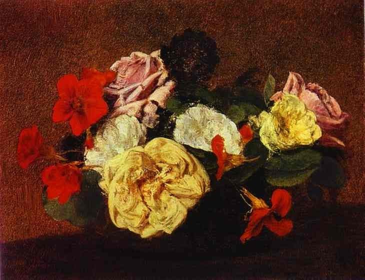Roses and Nasturtiums in a Vase — Henri Fantin-Latour