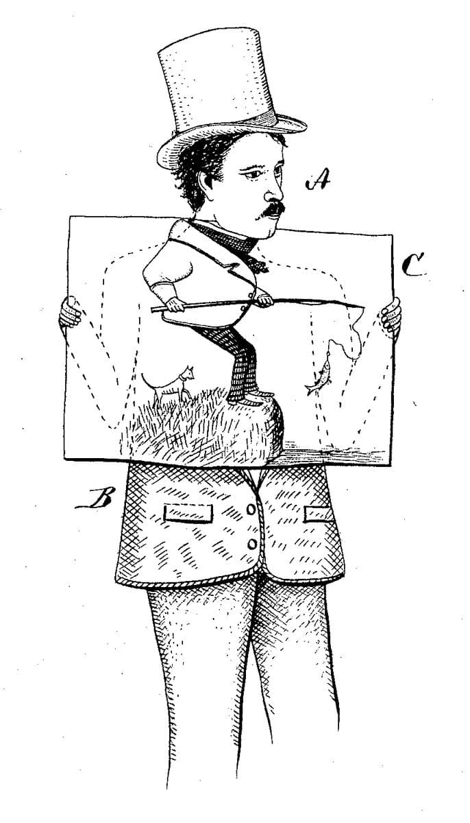 Man Holding up a Comic Foreground That Puts Him in a Fishing Scene — Cassius Marcellus Coolidge