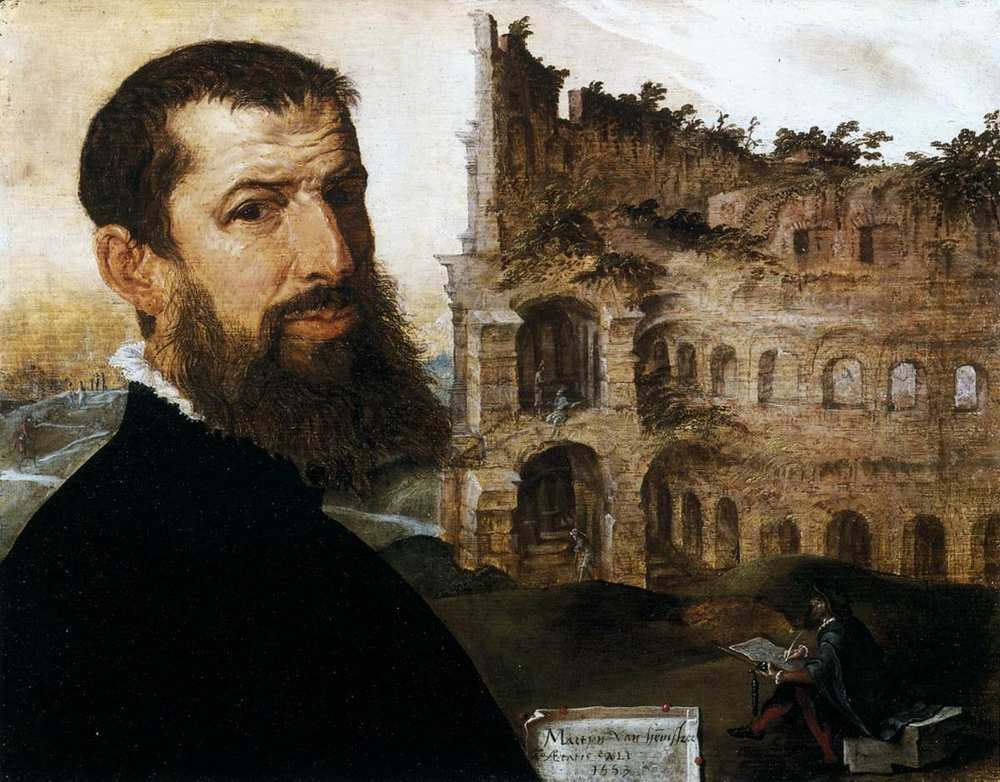 Self-Portrait of the Painter with the Colosseum in the Background — Maarten van Heemskerck