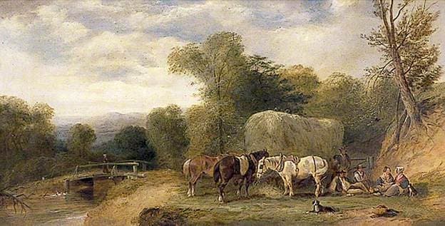 Carthorses and Rustics by a Stream — William Shayer