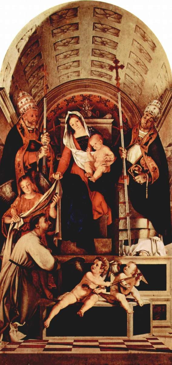 Altar of Recanati polyptych, main board: Madonna Enthroned with the Christ child, three angels, St. Dominic, St. Gregory and St. Urban — Lorenzo Lotto