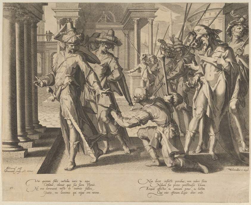 Allegory of Justice Depicting a Street Scene with a Shepherd Giving Paper to a Judge, Who Rejects It — Willem van Swanenburg