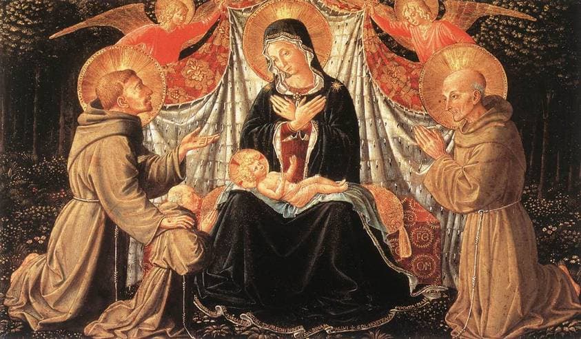 Madonna and Child with St. Francis and the donor Fra Jacopo da Montefalco (left) and St. Bernardino of Siena (right) — Benozzo Gozzoli