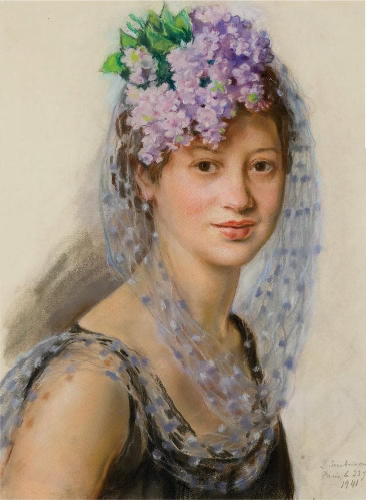 Portrait of Berthe Popoff in a floral fascinator — Zinaida Serebriakova