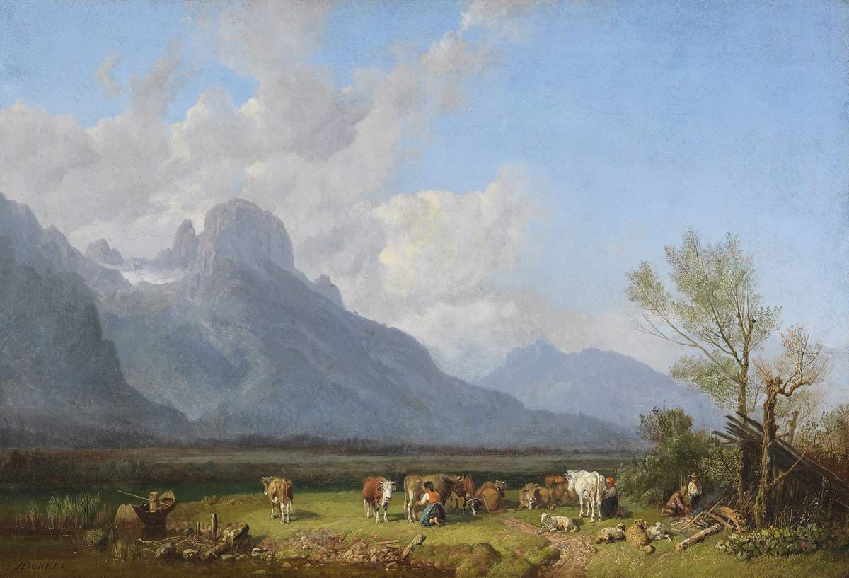 Cattle herders on the lakeside — Heinrich Bürkel