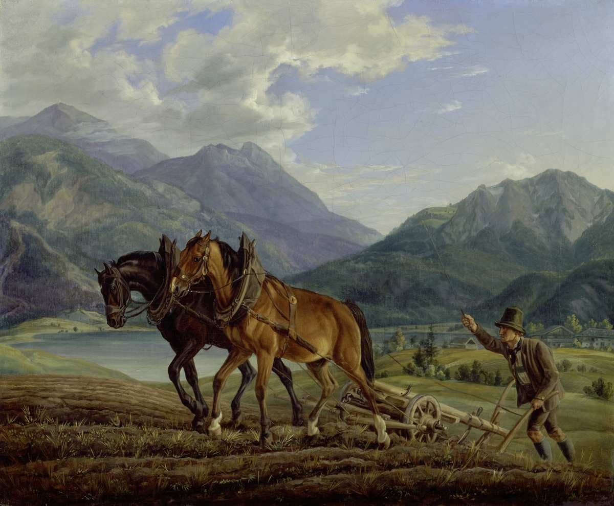 Mountain landscape with plowing farmers — Albrecht Adam