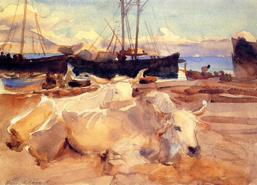 Oxen on the Beach at Baia — John Singer Sargent