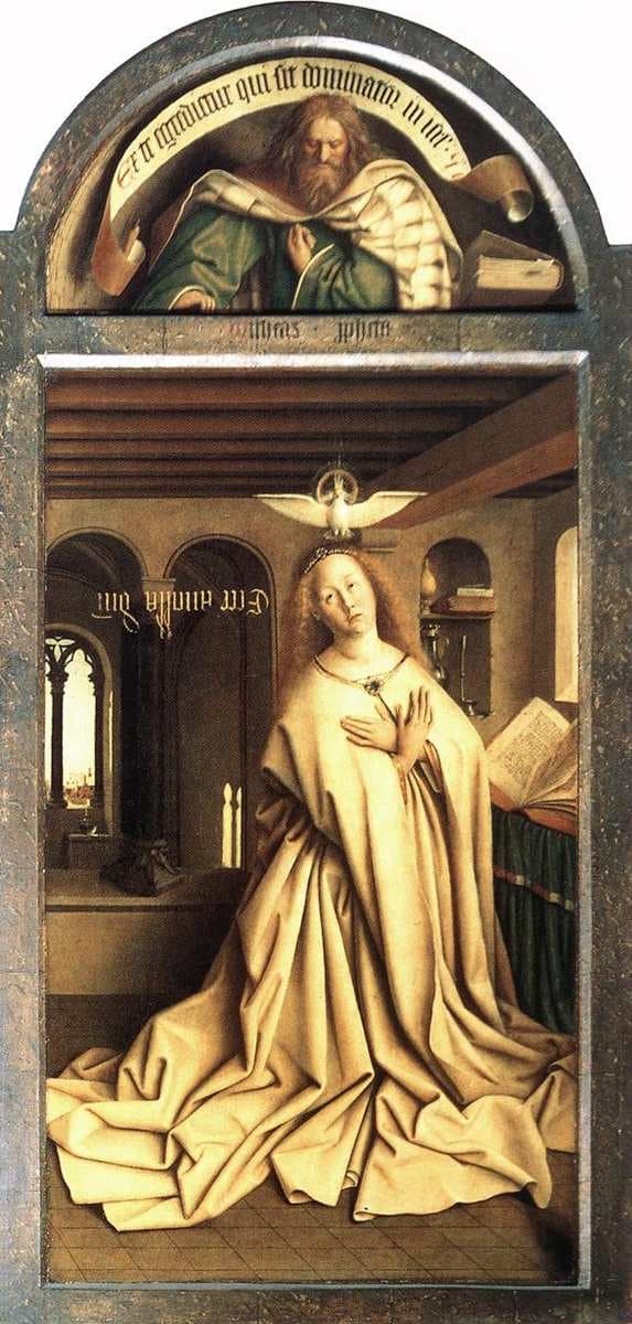 Virgin Annunciate, from the exterior of the right panel of the Ghent Altarpiece — Jan van Eyck