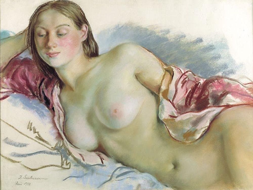 Reclining Nude with cherry mantle — Zinaida Serebriakova