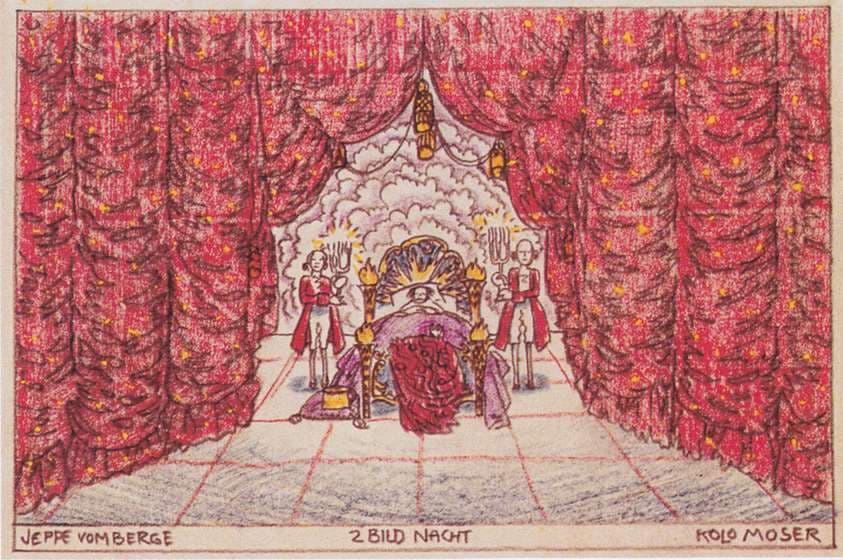 Stage design for 'Jeep from the mountain' of Louis Holzberg, stage 2 - Night — Koloman Moser