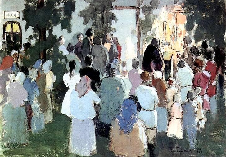 Prayer on the railway station — Victor Borisov-Musatov