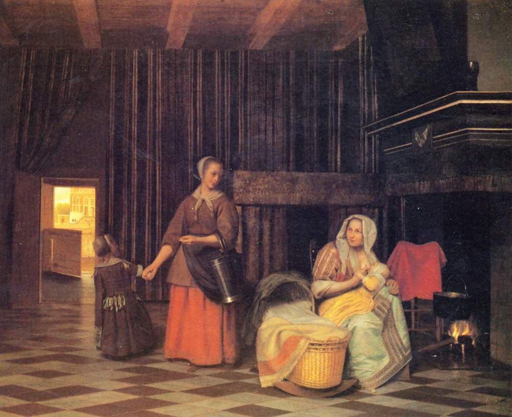 Woman with infant, serving maid with child — Pieter de Hooch