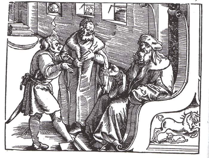 Marquard von Lindau ask and answer the Ten Commandments — Hans Baldung