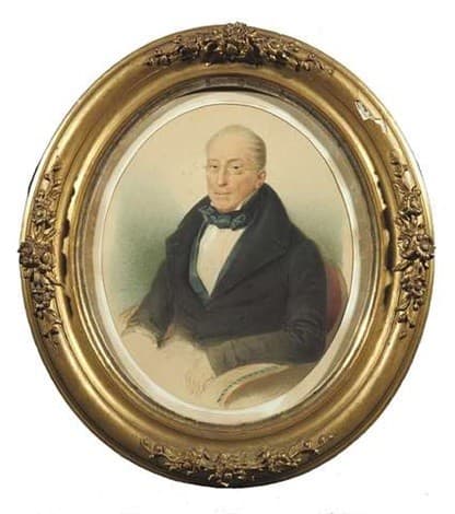 Portrait of a gentleman in a black skirt and blue vest — Alexander Clarot