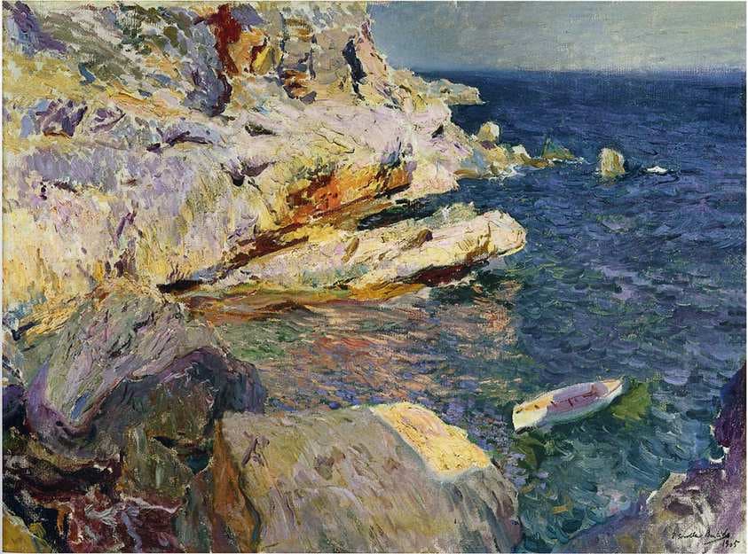 Rocks and white boat, Javea — Joaquín Sorolla