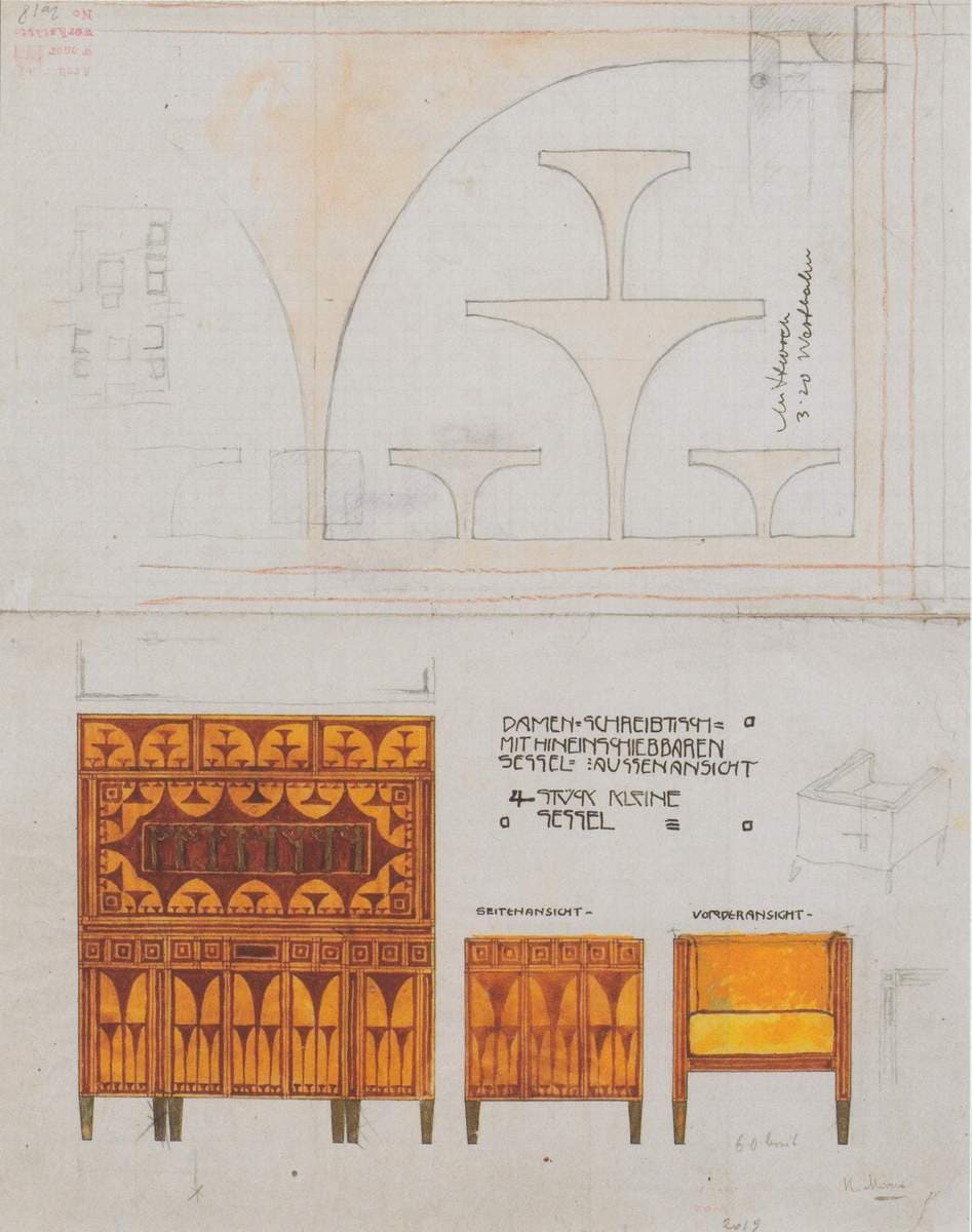 Draft drawings for the breakfast room of the apartment Eisler Terramare, ladies desk chair with retractable — Koloman Moser