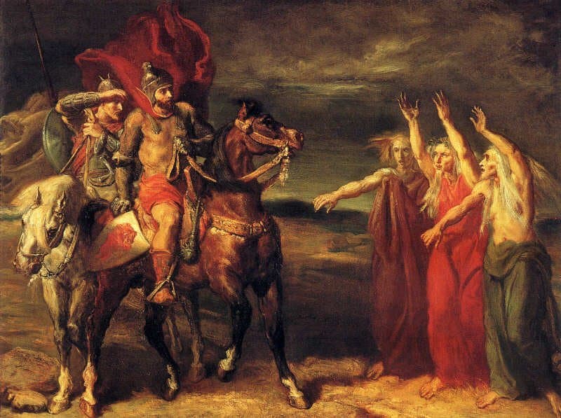 Macbeth followed by Banquo meets the three witches on the Moor — Théodore Chassériau