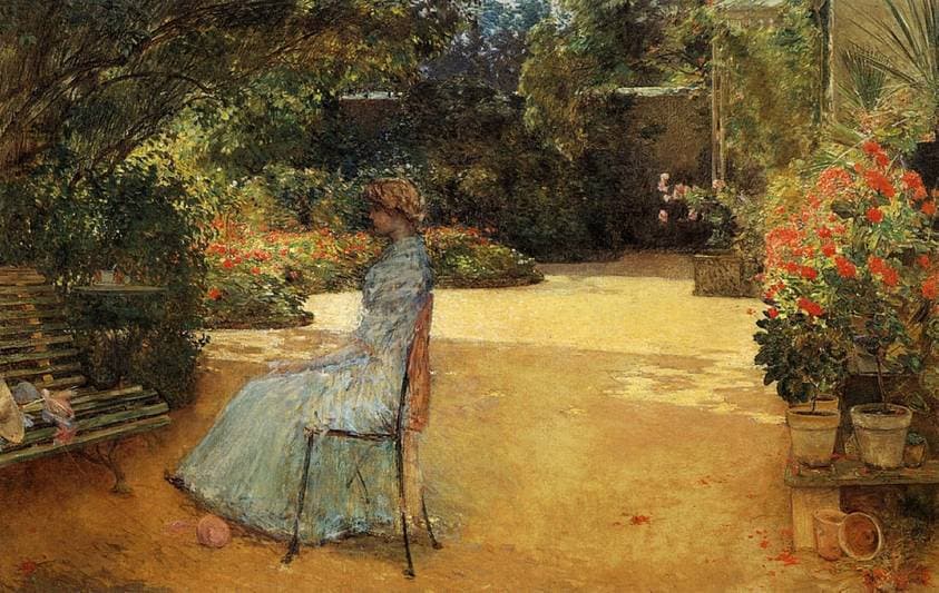 The Artist's Wife in a Garden, Villiers-le-Bel — Childe Hassam