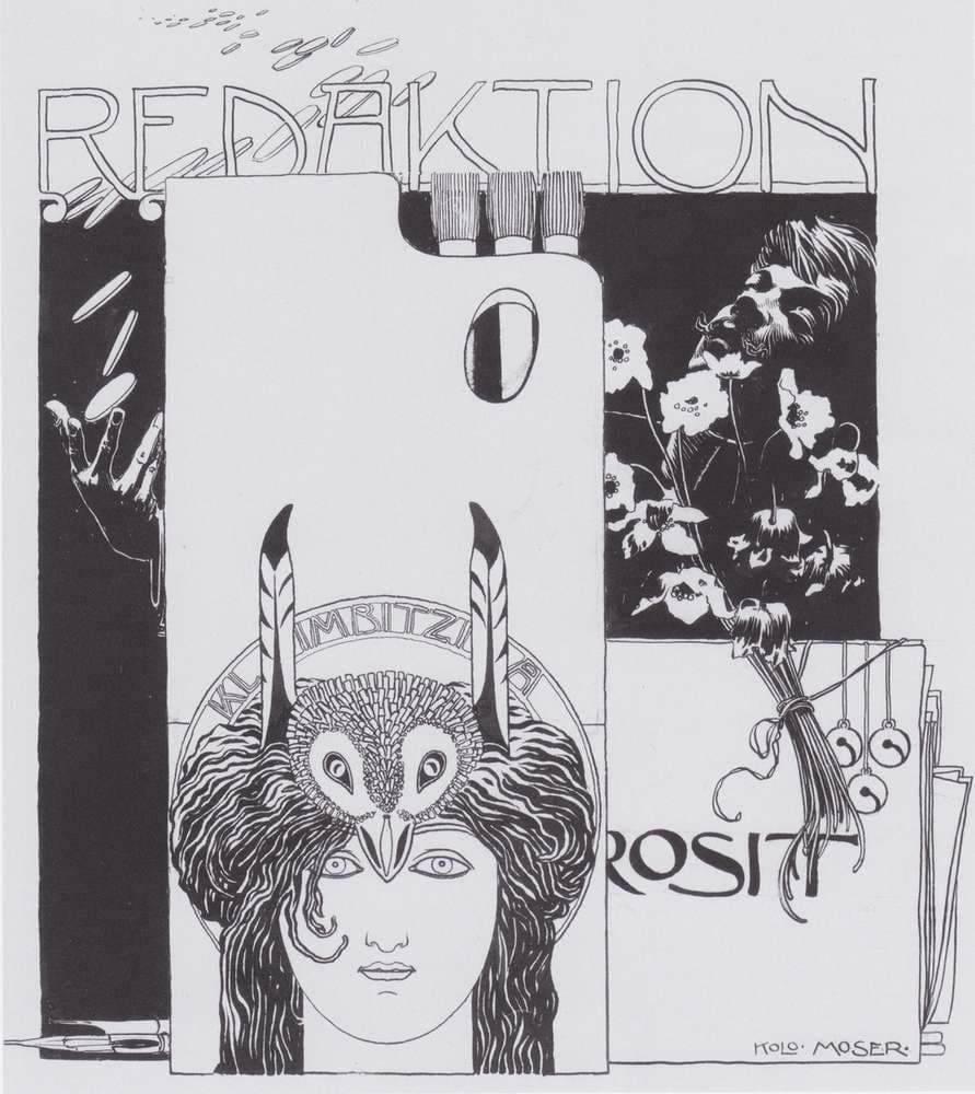 Happy editing. Illustration with self-portrait. — Koloman Moser