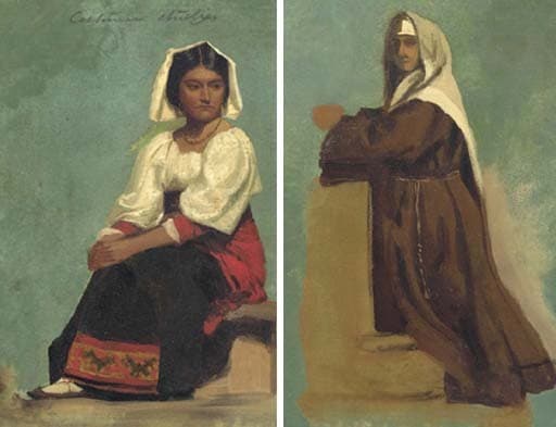 Costume Study of a Seated Woman and Italian Costume Sketch of a Kneeling Nun — Albert Bierstadt