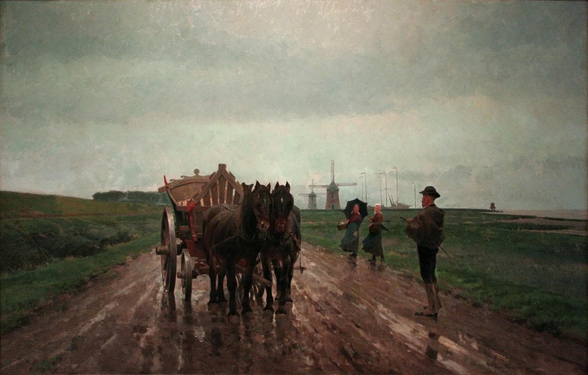 Draft horses pulling a cart on the Lower Scheldt — Frans van Leemputten