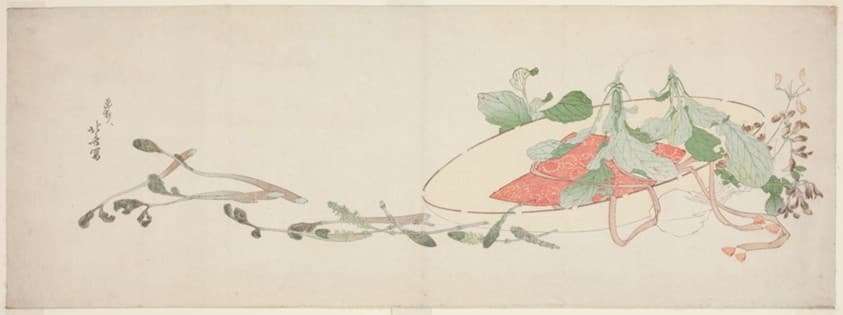 Flowers and spring greens in a hat — Katsushika Hokusai