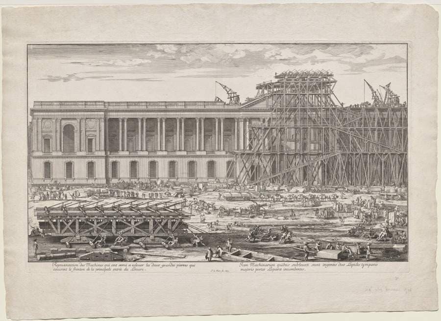 Representation des Machines qui ont servi à eslever les deux grandes pierres qui couvrent le fronton de la principale entrée du Louvre — Sébastien Le Clerc I