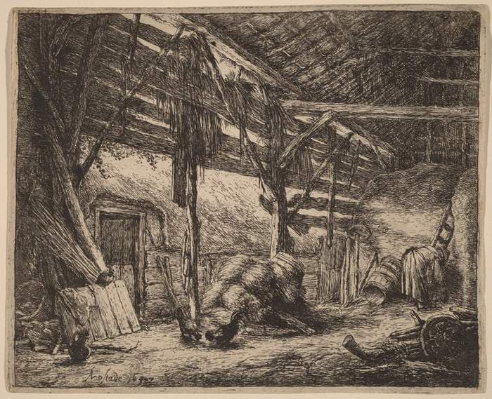 Interior of a Barn with a Peasant Woman at Work — Adriaen van Ostade