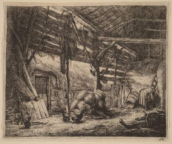 Interior of a Barn with a Peasant Woman at Work — Adriaen van Ostade
