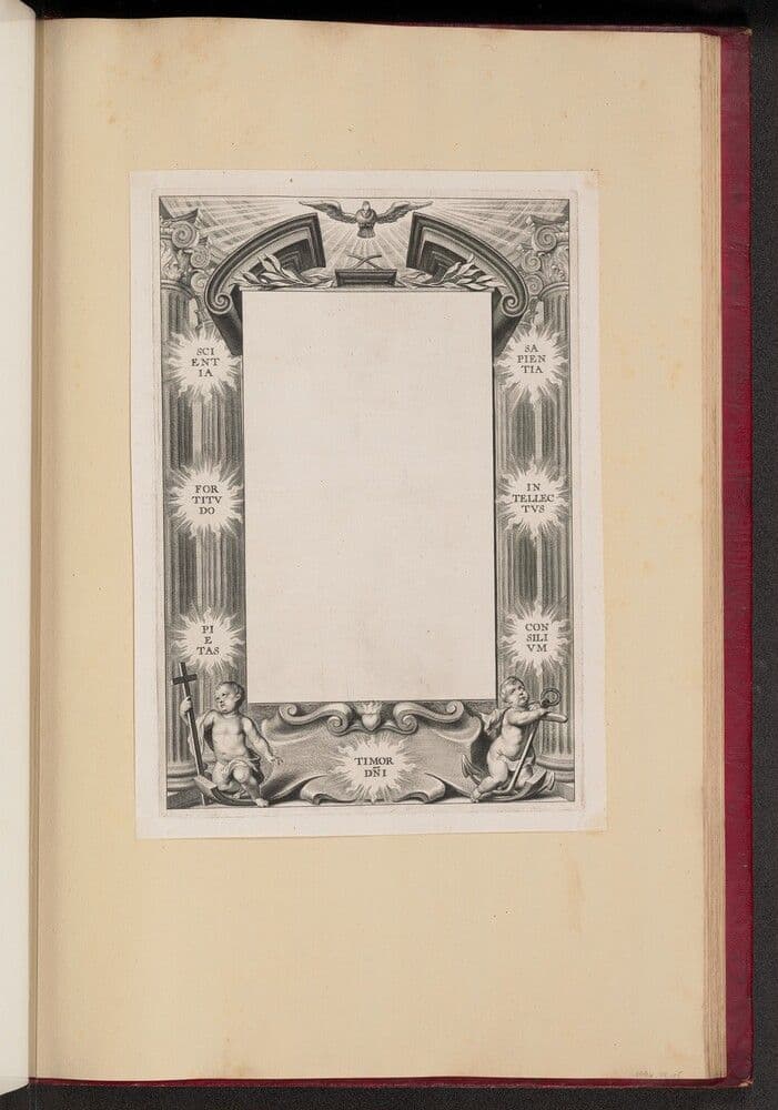 Border Illustration with Two Putti "Scientia, Fortitvdo, Pietas, Timor-DNI, Sapientia, Intellectvs, Consilivm" — Cornelis Galle I