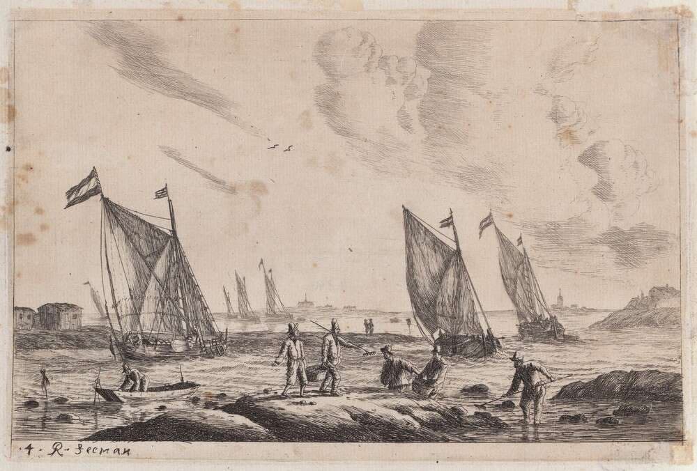 View of Inland Waterway with Fishermen — Reinier Nooms, called Zeeman