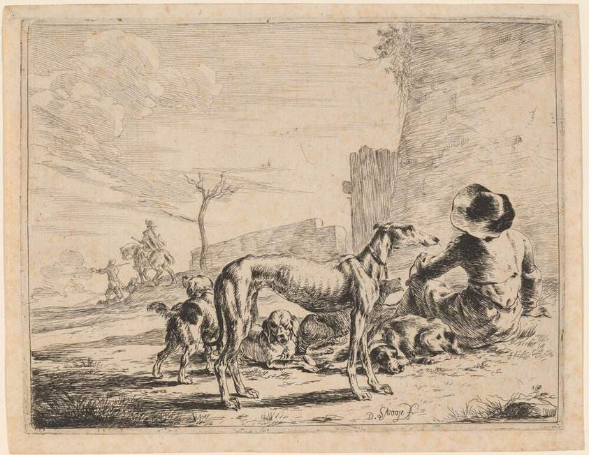 A Seated Man with a Pack of Dogs — Dirck Stoop
