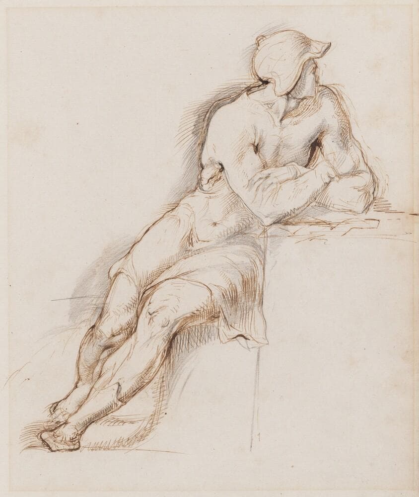 Study of a Seated Man Wearing a Helmet — George Richmond