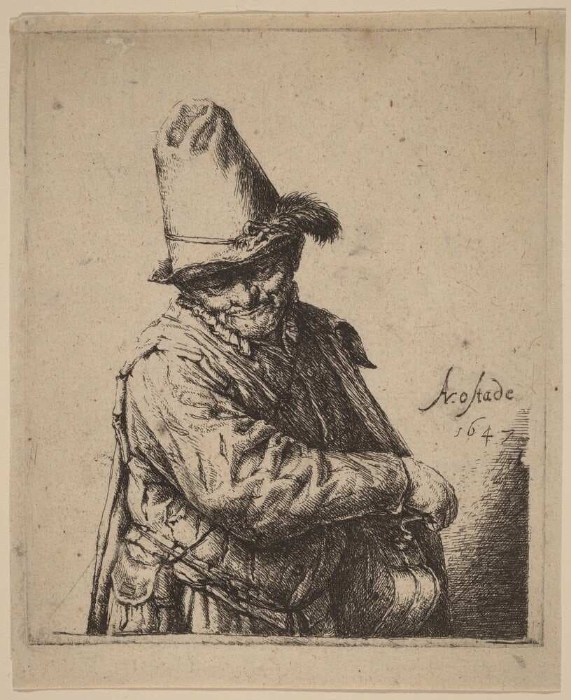Hurdy-Gurdy Player in a Tall Hat — Adriaen van Ostade